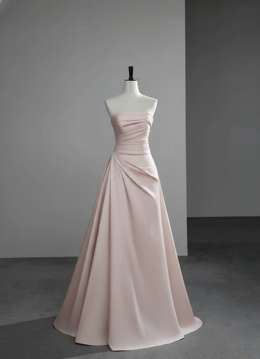 Simple Long Prom Dresses Ball Gown Strapless Pink Satin With Pleated Formal Dress Graduation Gowns MP306