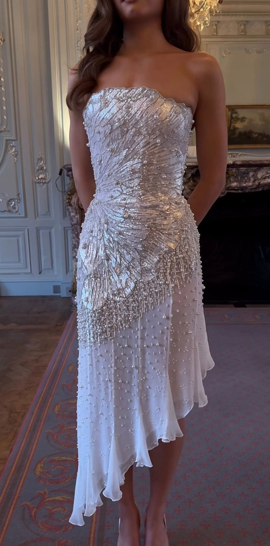 Glamorous Mermaid Strapless White Chiffon Sequined With Beading Sleeveless Prom Dresses MP665