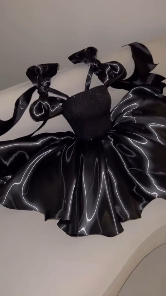 Bezauberndes Ballkleid mit Spaghettiträgern und Schleife, Gold Schwarz, kurz, Mini, für den 15. 16. Geburtstag, Homecoming-Kleid MP663