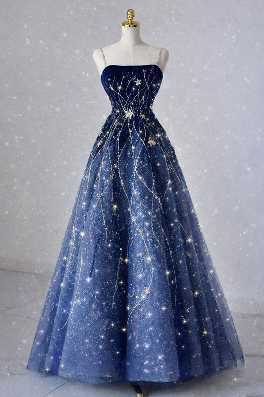 Marineblaues Tüll-Spaghetti-Träger-Ballkleid, ärmellos, Damen-Abendkleid, bodenlang, Partykleider MP526