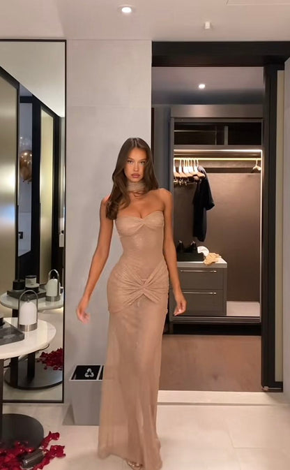 Élégante Robe de Bal Longue Sirène Coeur Paillettes Champagne pour Femmes Soirée MP752