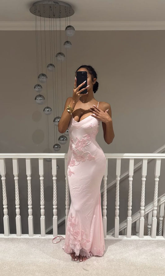 Glamouröses Meerjungfrauen-Spaghettiträger-Ballkleid aus rosa Satin, ärmellos, lang, MP730