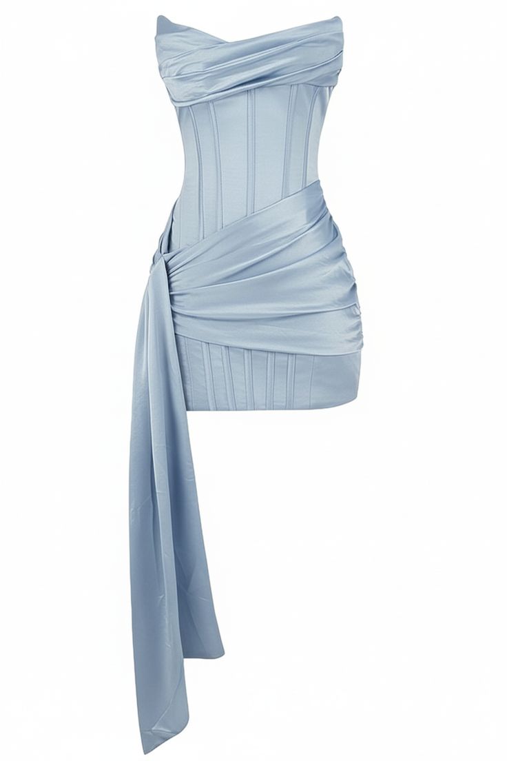 Einzigartiges Etui Trägerloses Hellblaues Satin Kurzes Mini-Heimkehrkleid Party-Outfit MP301
