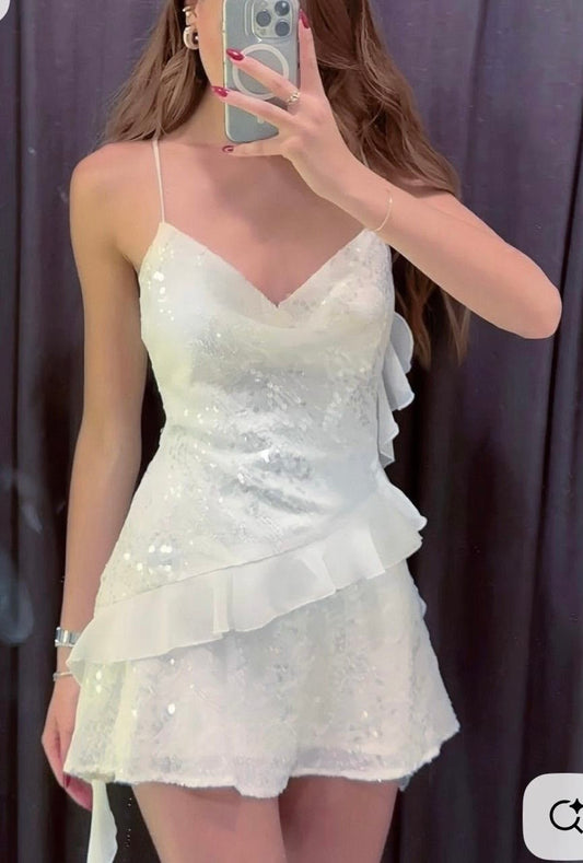Schönes A-Linien Spaghettiträger Weißes Pailletten Mini Homecoming Kleid Hoco 18. Geburtstag Outfit MP1292