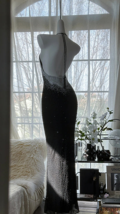 Vintage Mermaid Halter Black Tie Gown With Beading Evening Night Long Prom Dresses MP994