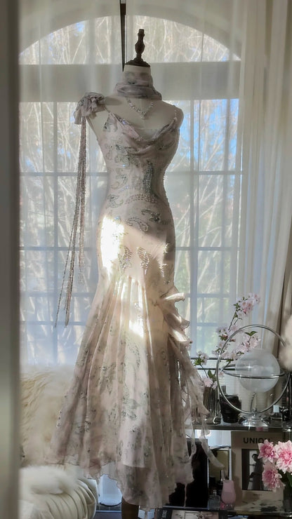 Vintage Mermaid Spaghetti Strap Chiffon With Beaded Floral Formal Gown Long Evening Night Prom Dresses MP1019