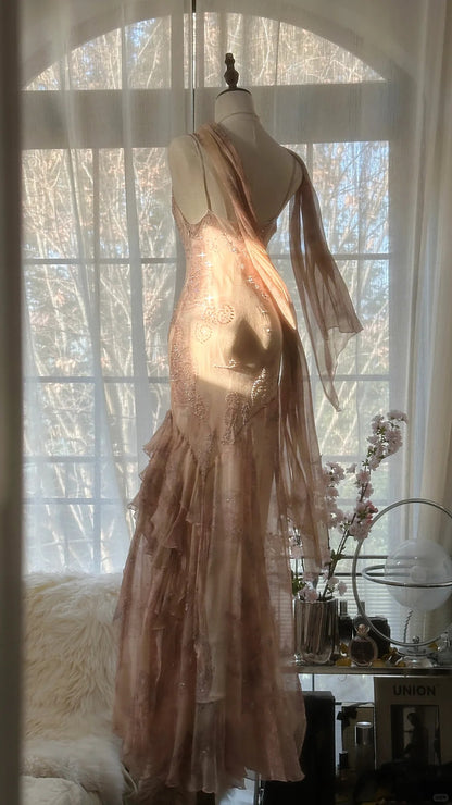 Vintage Meerjungfrau Spaghettiträger Chiffon Rouge Pink mit Perlen Abendkleid Lang Abschlussballkleid MP1021