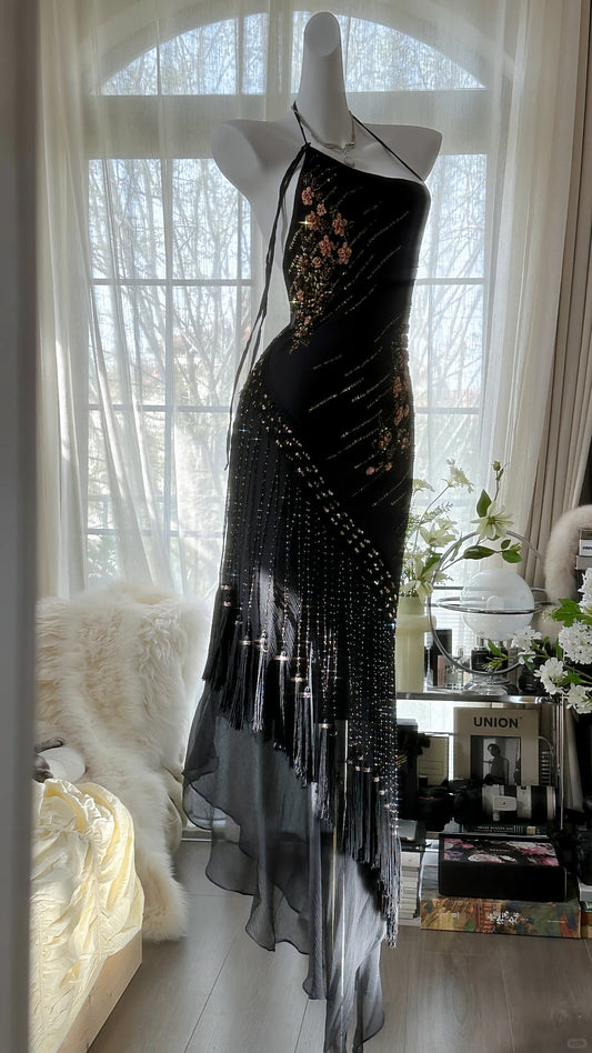 Vintage Mermaid Spaghetti Strap Black Tie Gown With Silver Beading Evening Night Long Prom Dresses MP990