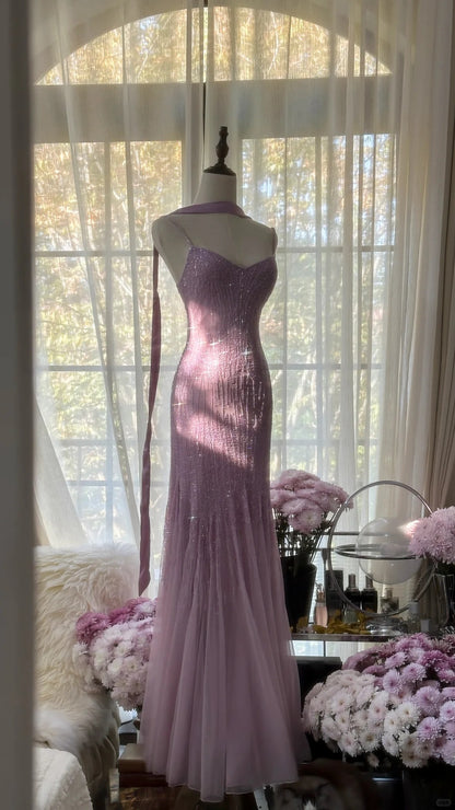Wunderschönes Meerjungfrauenkleid mit Spaghettiträgern, fliederfarbenem Chiffon und Schal, lange Abendkleider, Ballkleider MP1121