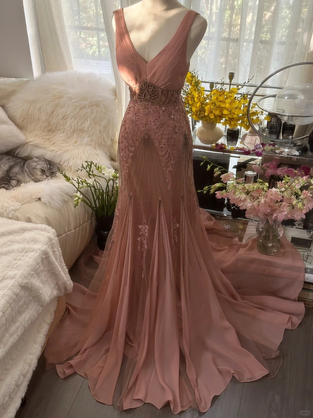 Modest Mermaid V Neck Pink Chiffon With Gems Crystals Long Sleeveless Formal Gown Prom Dresses MP1091
