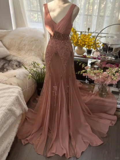 Modest Mermaid V Neck Pink Chiffon With Gems Crystals Long Sleeveless Formal Gown Prom Dresses MP1091