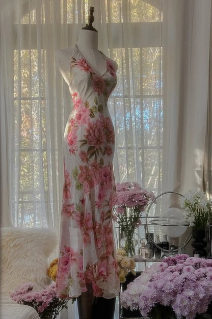 Sexy Mermaid V Neck Floral Pink Chiffon Floor length Sleeveless Formal Outfit Prom Dresses MP1099