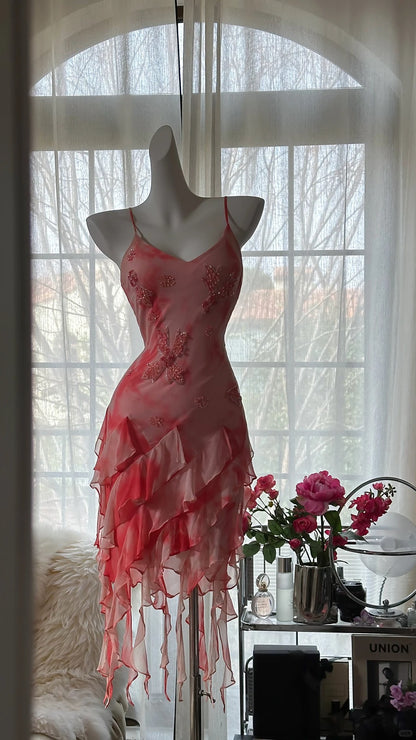 Robes de bal courtes roses fourreau à fines bretelles perlées, tenues de soirée pour remise de diplôme MP999
