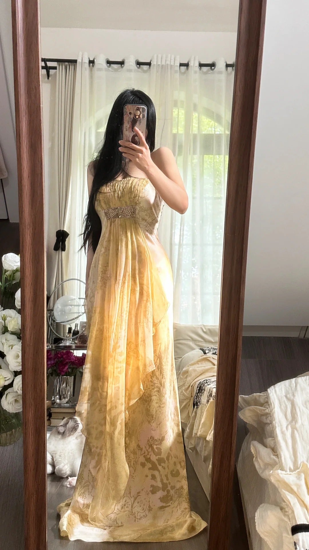 Sexy Mermaid Strapless Gold Chiffon Sleeveless Formal Outfit Long Prom Dresses M5P1105