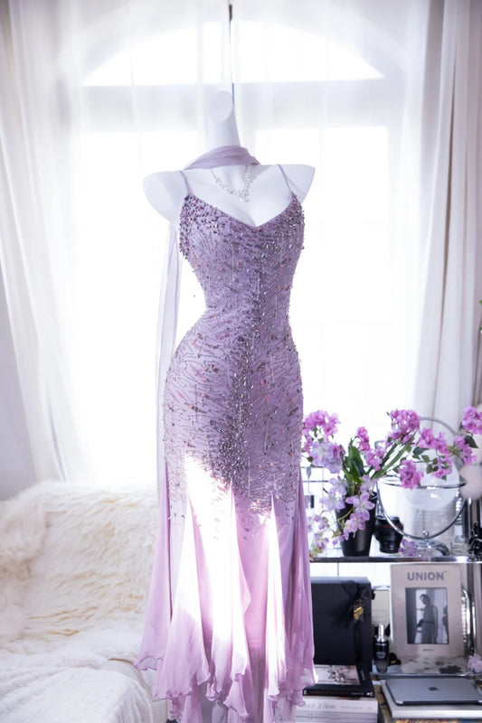 Modest Mermaid Spaghetti Strap Lilac Chiffon With Beading Formal Gown Tea Length Evening Night Prom Dresses MP1039