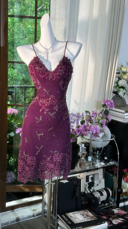 Grape Homecoming Dresses Sheath Lace Beaded Crystals Short Party Graduation Outfits MP977