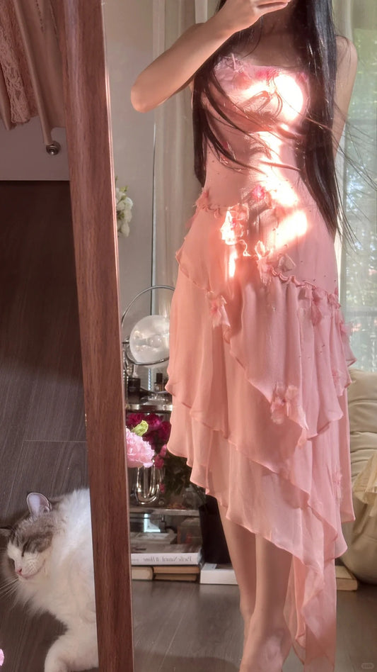 Best Mermaid Spaghetti Strap Pink Chiffon Irregular Sleeveless Formal Outfits Prom Dresses MP1113