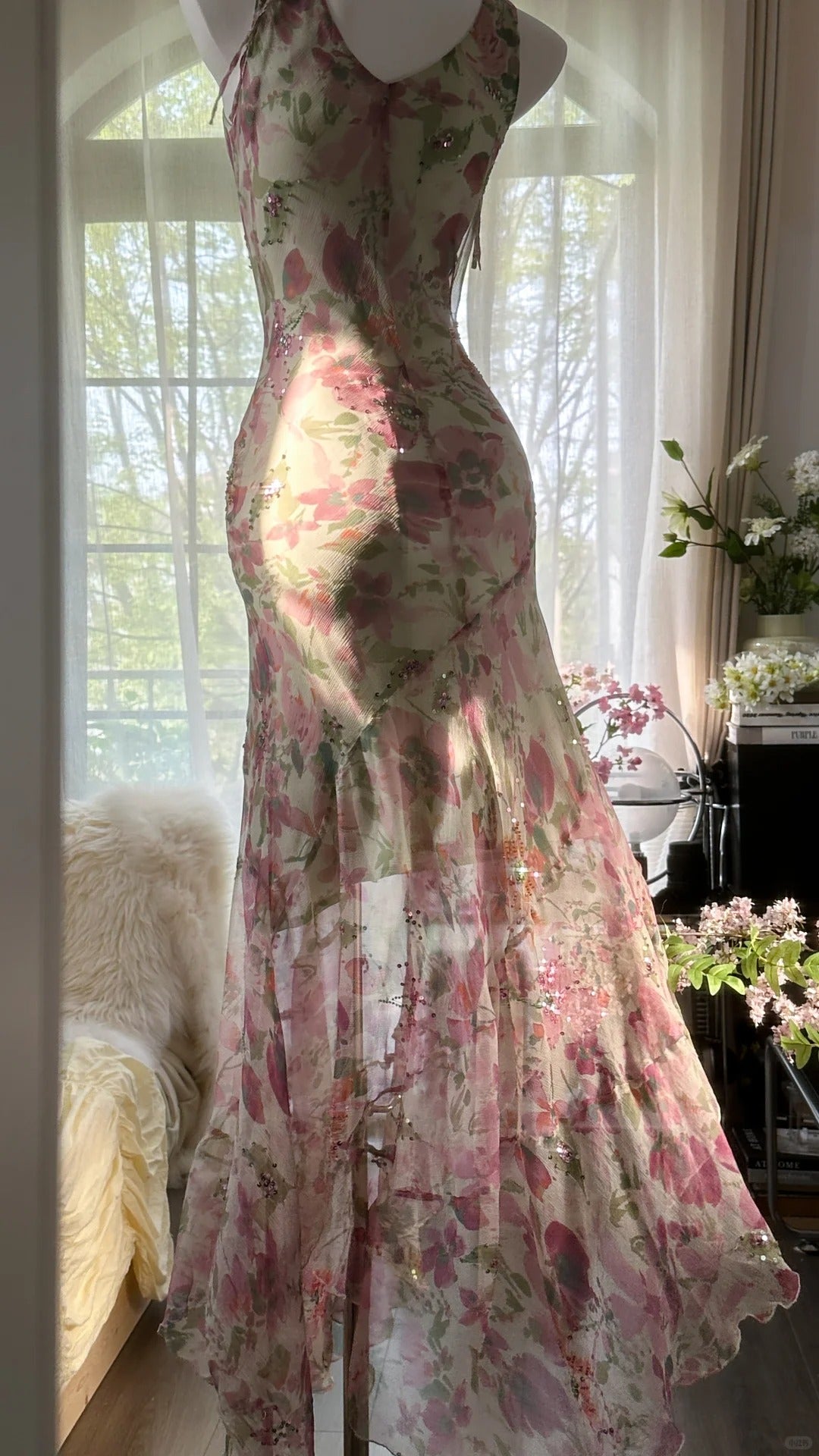 Robes de soirée sans manches en mousseline de soie rose à bretelles spaghetti et cristaux, motif floral, pour bal de fin d'année, MP1009
