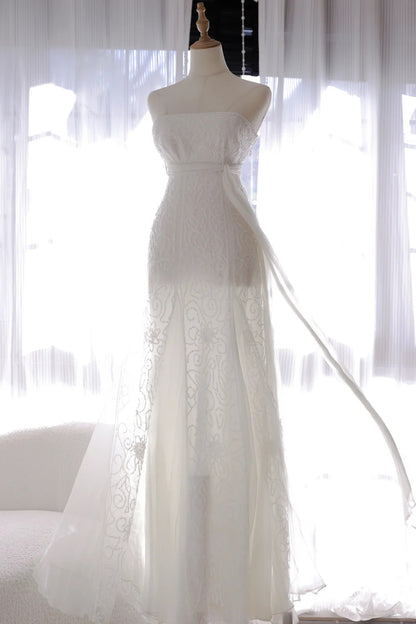 Pretty Mermaid Strapless White Sequin With Beading Long Sleeveless Formal Gowns Prom Dresses MP1125