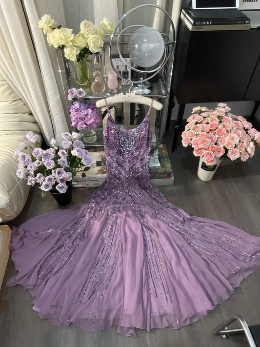 Beautiful Mermaid Spaghetti Strap Lilac Chiffon With Beading Long Formal Outfits Prom Dresses MP1118