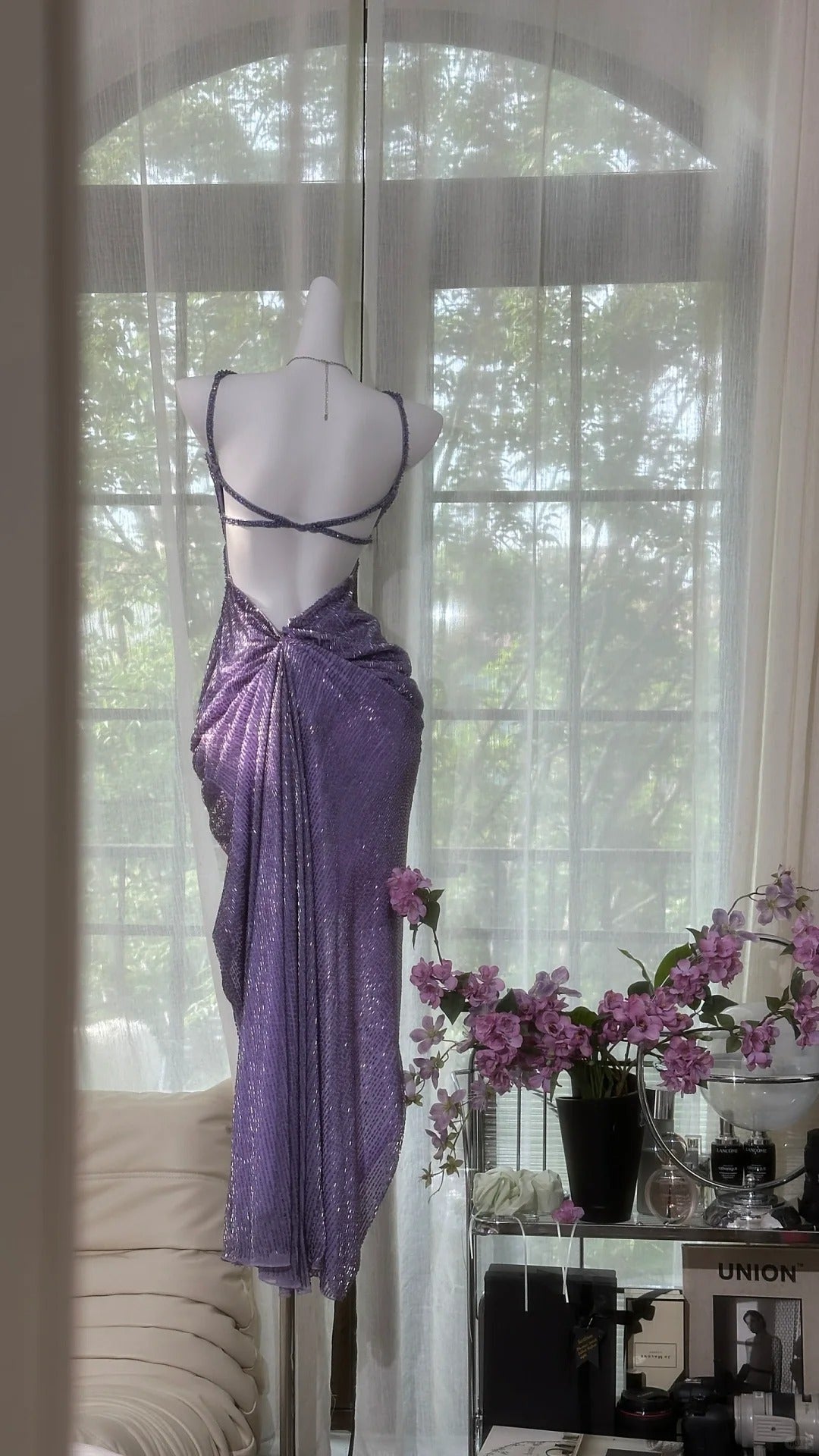 Elegantes Meerjungfrauen-Abendkleid mit Spaghettiträgern, Pailletten in Traubenfarben, ärmellose Ballkleider MP978