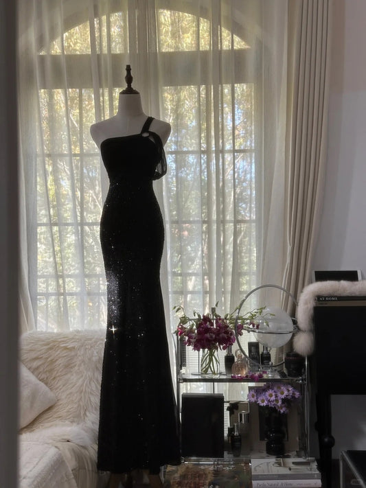 Beautiful Mermaid One Shoulder Black Tie Dress Long Formal Outfits Prom Dresses MP1120