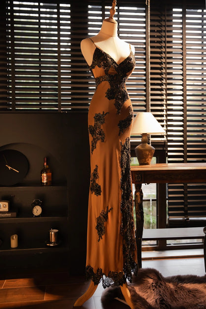 Classy & Ethereal Mermaid Spaghetti Strap Black Lace Sleeveless Gala Formal Gown Prom Dresses MP1134