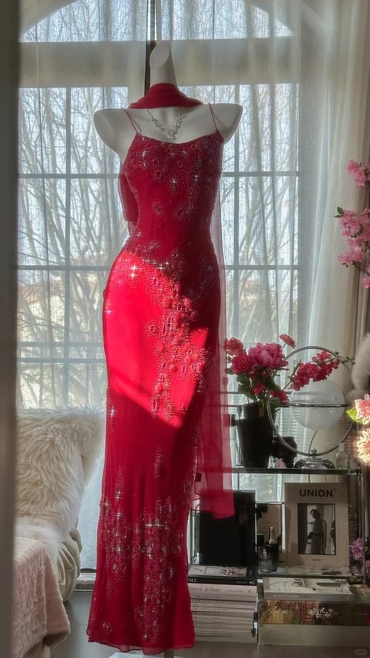 Modest Mermaid Spaghetti Strap Red With Crystals Chiffon Beaded Evening Night Gown Sleeveless Prom Dresses MP1028