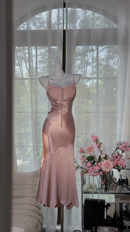 Elegantes meerjungfrauenförmiges, rosa satiniertes, ärmelloses, teelanges Ballkleid mit Spaghettiträgern MP974