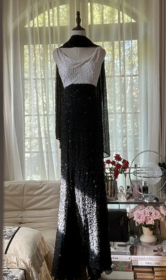 Vintage Mermaid Cowl Black White Sequins With Scarf Long Formal Gown Evening Outfits Prom Dresses MP1083