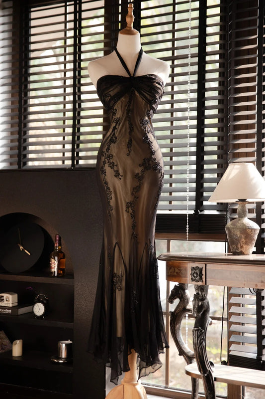 Classy Mermaid Halter Black Tie Lace Inspiration Sleeveless Pageant Outfits Prom Dresses MP1145