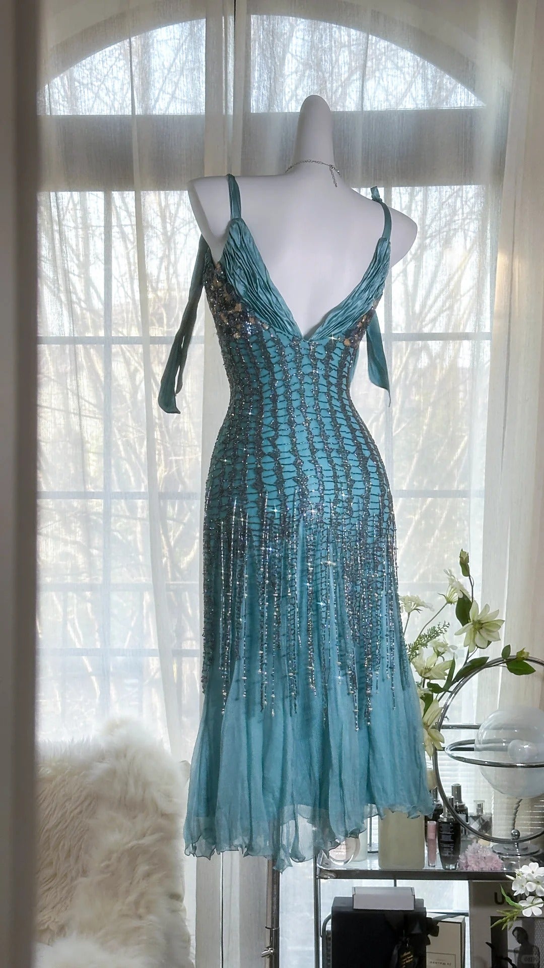 Vintage Mermaid Spaghetti Strap Blue With Silver Beading Evening Night Gown Tea Length Prom Dresses MP988