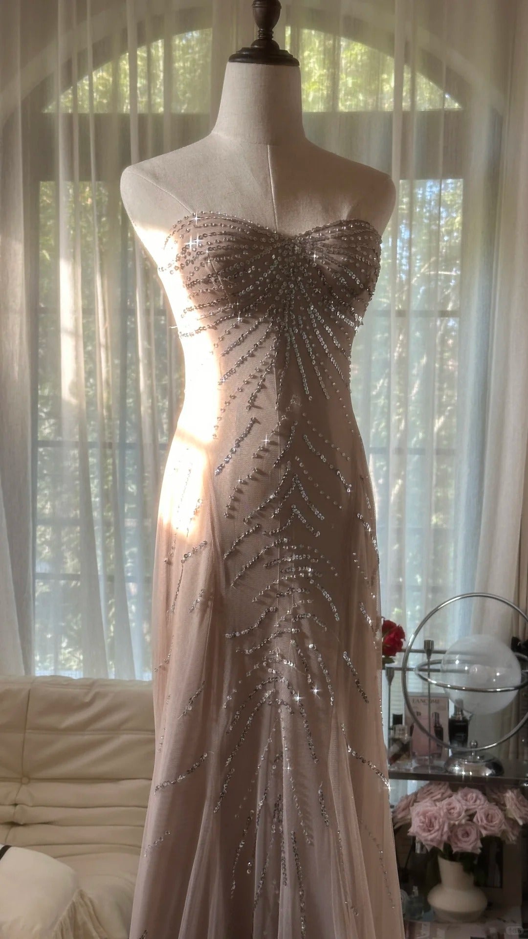Funkelnde Meerjungfrau-Sweetheart-Champagner-Chiffon mit Perlen ärmellose festliche Outfits Ballkleider MP1111