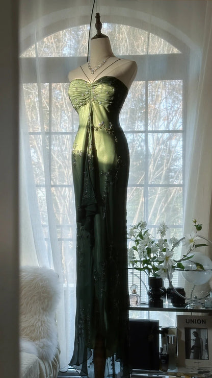 Simple Mermaid Halter Dark Green Chiffon With Beading Formal Gown Long Evening Night Prom Dresses MP1026