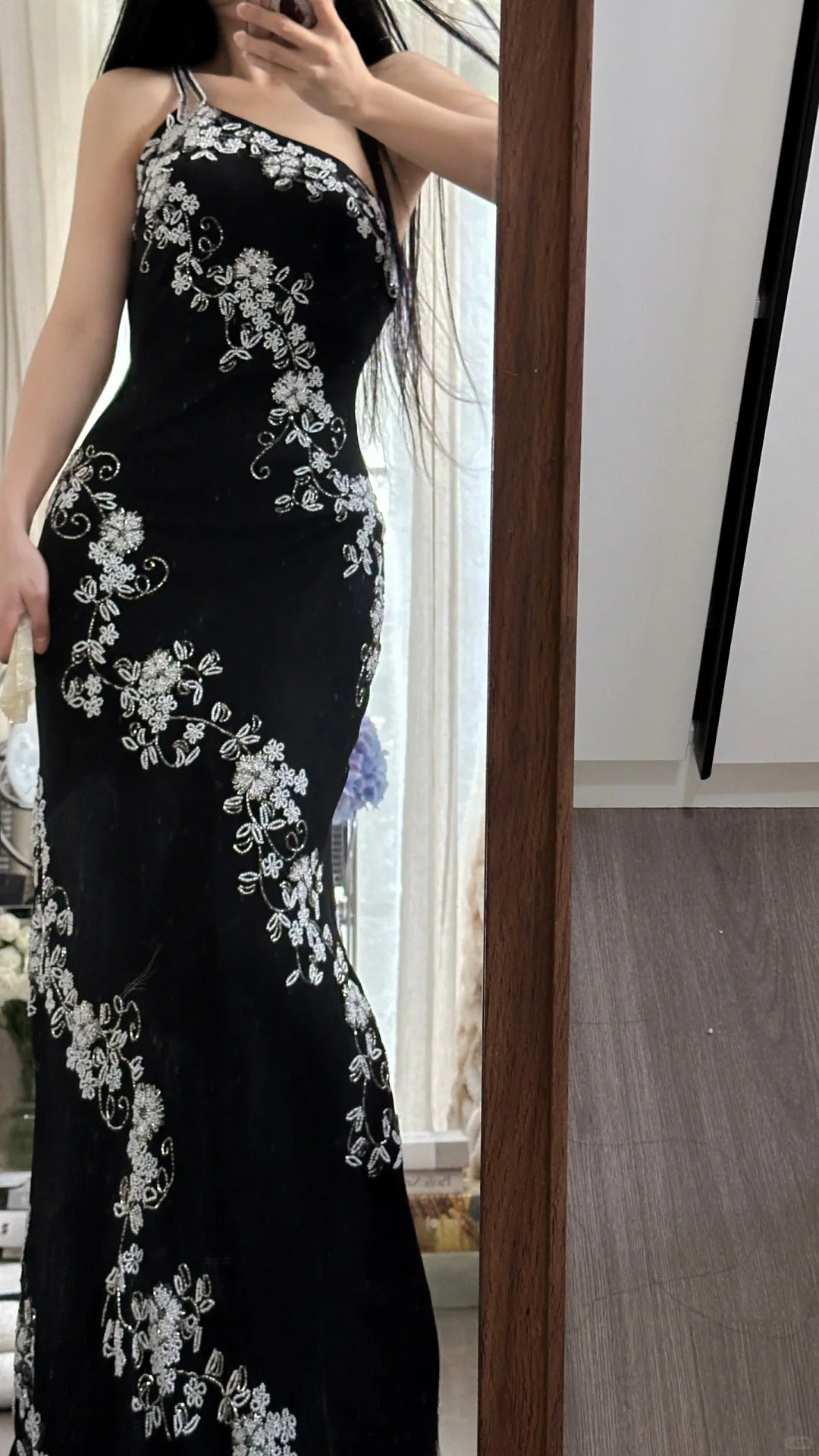 Magnifique Robe de Bal Sirène Asymétrique en Chiffon Noir avec Cristaux Longueur Ras du Sol sans Manches Robe de Soirée MP1130