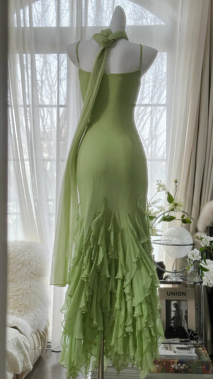 Modeste Robe de Soirée Sirène à Bretelles Fines en Chiffon Vert avec Couches, Longue, sans Manches, pour Bal de Promo MP1029