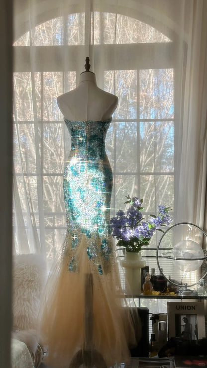 Sexy Mermaid Sweetheart Champagne Tulle With Blue Applique Long Sleeveless Formal Gown Prom Dresses MP1094
