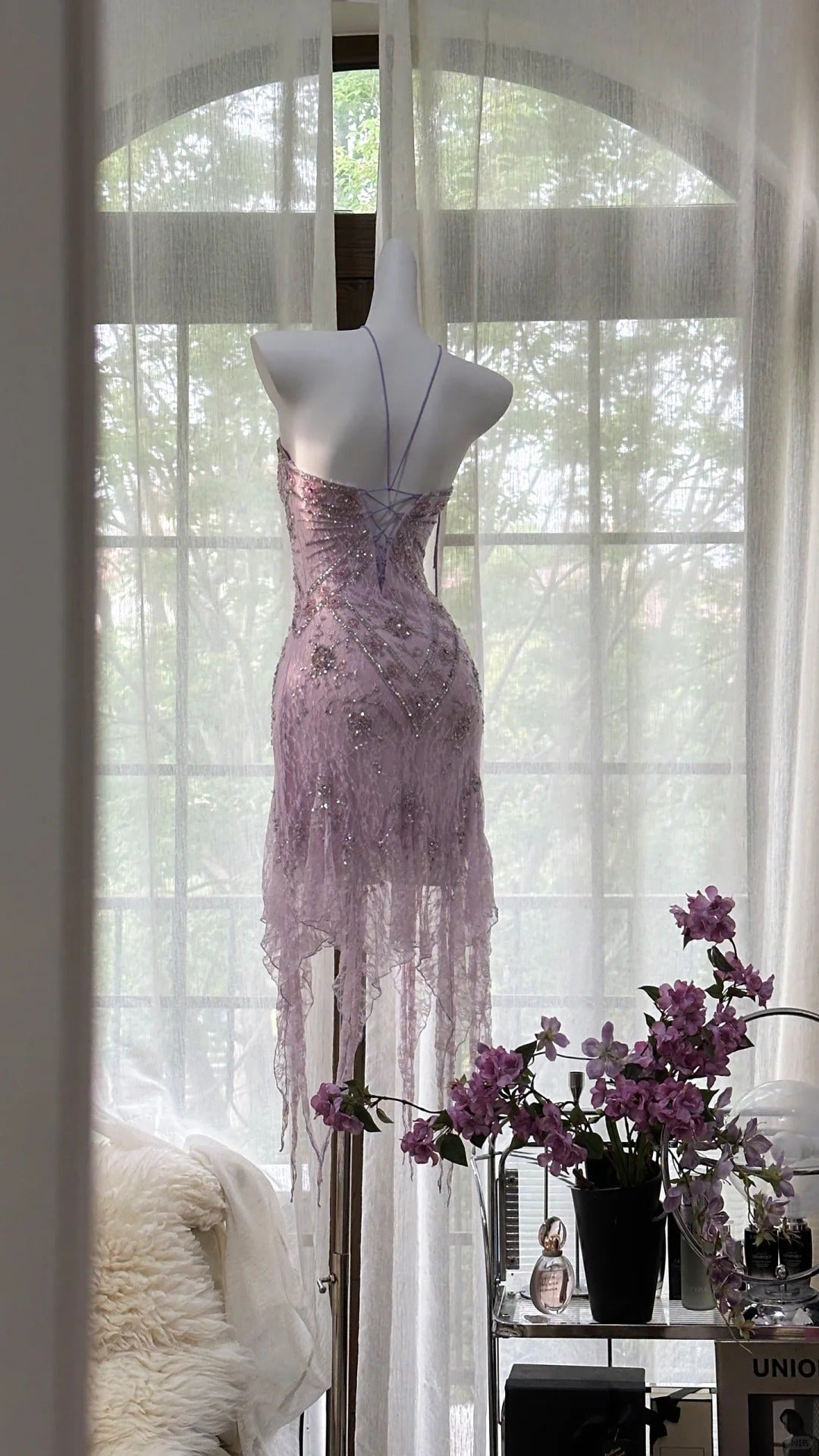 Sexy Homecoming Dresses Sheath Lilac Halter Lace Beaded Short Party Graduation Outfits MP1011