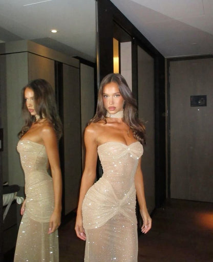 Elegant Mermaid Sweetheart Champagne Sequin Long Prom Dresses Party Gowns MP552