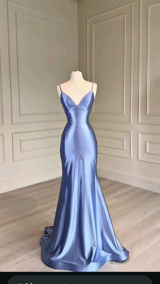 Belles robes de bal longues sirène bleue à bretelles spaghetti en satin avec plissés, robe de cérémonie et graduation MP307