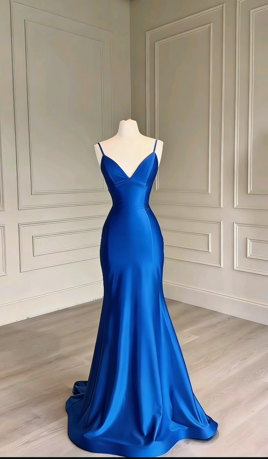 Belles robes de bal longues sirène bleue à bretelles spaghetti en satin avec plissés, robe de cérémonie et graduation MP307