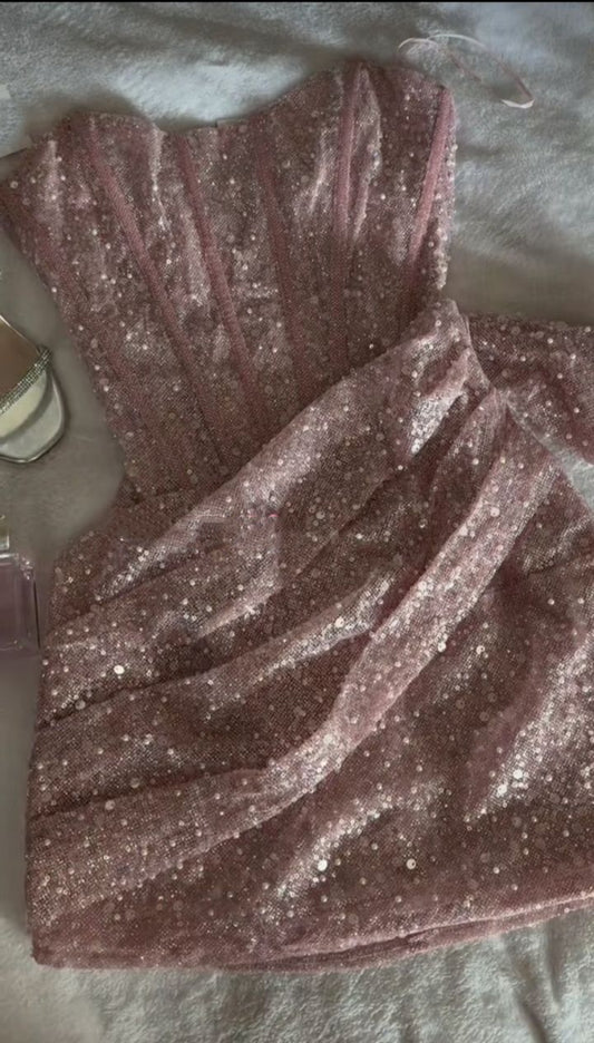 Charmantes Etui-Kleid, trägerlos, pink mit Rüschen, paillettenbesetzt, kurz, Mini, 15., 16. Geburtstag, Homecoming-Kleid MP669