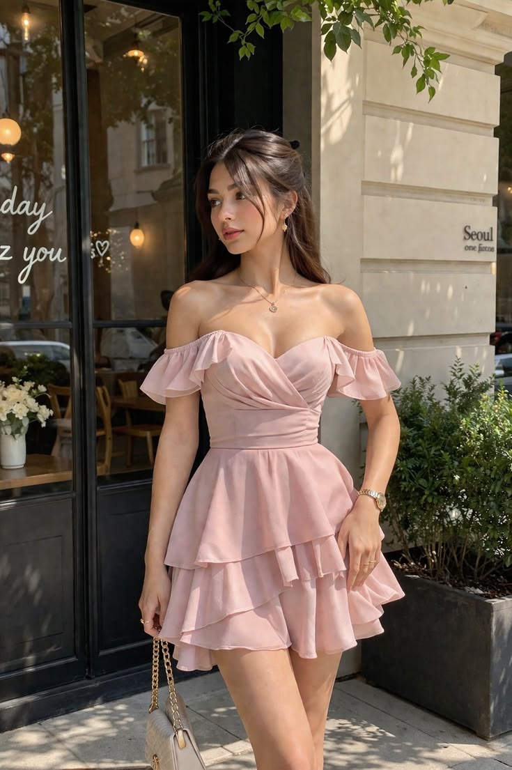 Einzigartiges A-Linien-Off-Shoulder-Kleid aus pinkem Chiffon, Mini kurz, für den Abschlussball, Hoco-Kleid MP1374