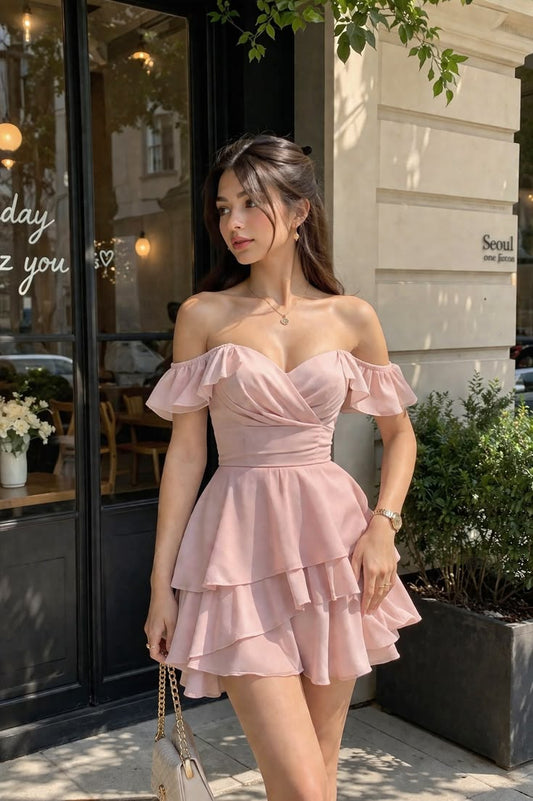 Einzigartiges A-Linien-Off-Shoulder-Kleid aus pinkem Chiffon, Mini kurz, für den Abschlussball, Hoco-Kleid MP1374