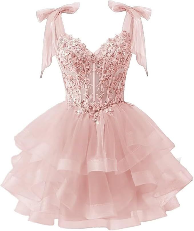 Süßes Ballkleid mit Spaghettiträgern und Schleife, pink, kurz, Mini, für Geburtstag oder Abschlussfeier MP692