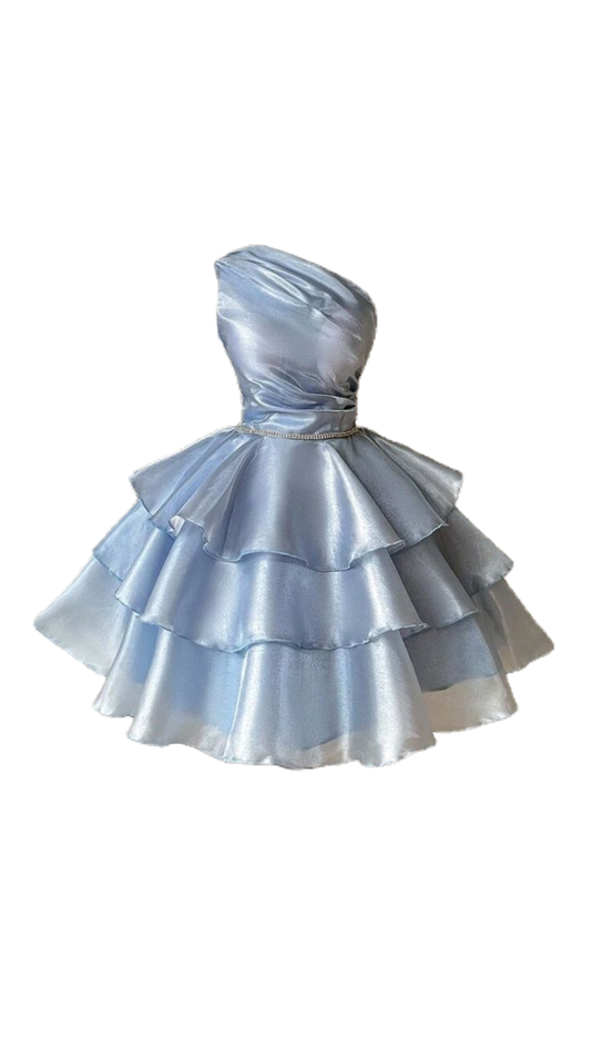 Süßes Ballkleid One Shoulder Blau Gestuft Kurz Mini Geburtstag Outfits Homecoming Kleid MP814