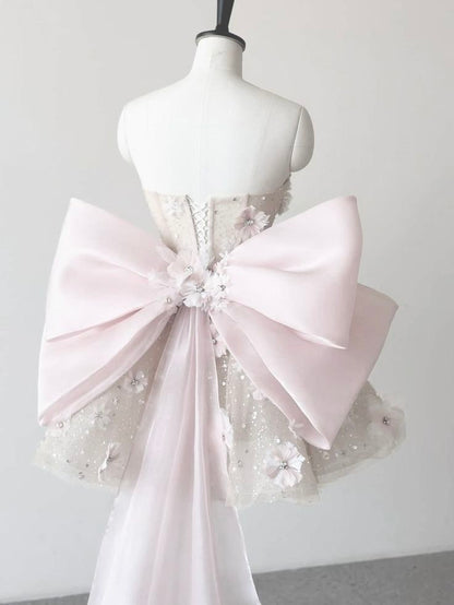 Einzigartiges Ballkleid, trägerlos, rosa Blumenmuster, mini kurz, Hof-Heimkehrkleid, Hoco-Kleid, formelles Outfit MP1329