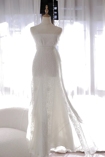 Pretty Mermaid Strapless White Sequin With Beading Long Sleeveless Formal Gowns Prom Dresses MP1125