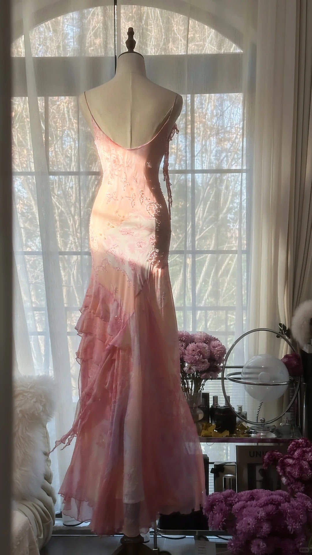 Sexy Mermaid Spaghetti Strap Pink Floral Chiffon Floor length Sleeveless Formal Outfit Prom Dresses MP1102