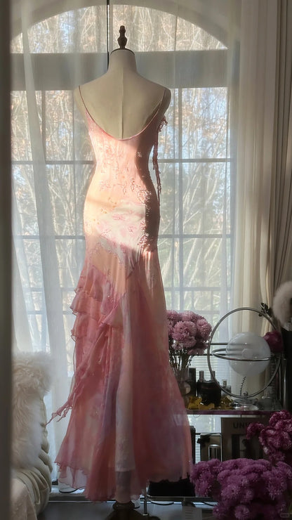 Sexy Mermaid Spaghetti Strap Pink Floral Chiffon Floor length Sleeveless Formal Outfit Prom Dresses MP1102